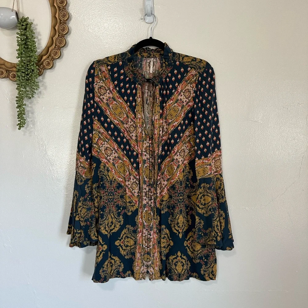 Free People Magic Mystery Tunic, Deep Teal & Mustard Paisley Print, Size Small - Picture 8 of 10